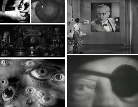 The all-seeing silent eye of the camera (clockwise): Un Chien Andalou (1929), Samuel Beckett’s silent Film (1965), Modern Times, Buster Keaton in Samuel Beckett’s silent Film (1965) again, Metropolis and La Antena. For Bunuel and Beckett eyes are used to deal with issues of perception and reality, whereas in Metropolis and Modern Times they have a more Orwellian purpose.  