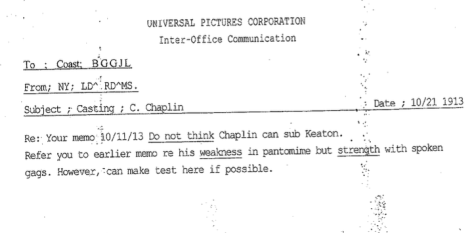 A copy of one of the Chaplin Universal memoes from the archive of the Grand Order of Water Rats