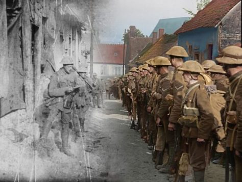 Colourised film still, originally from ‘The Battle of the Somme’ c/o WingNut Films